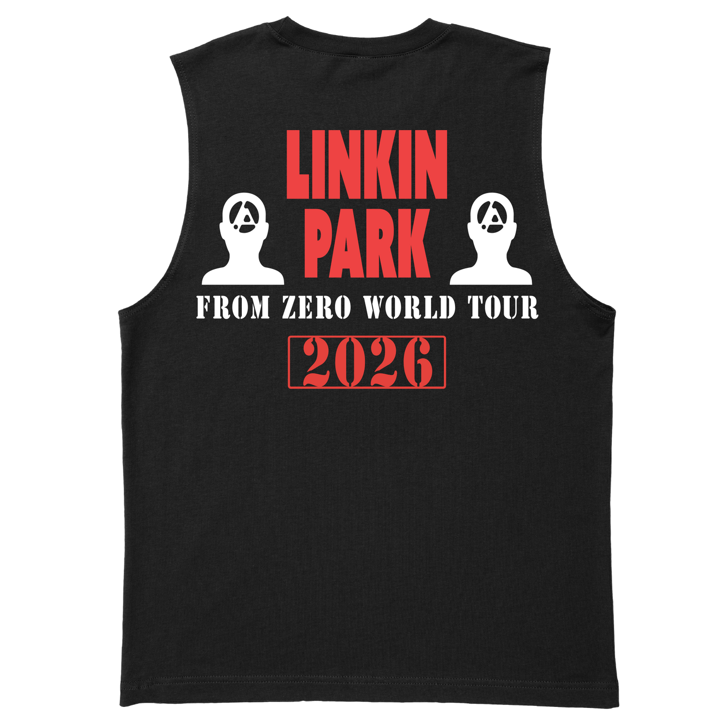 Black sleeveless shirt with Linkin Park promotional text and graphics
