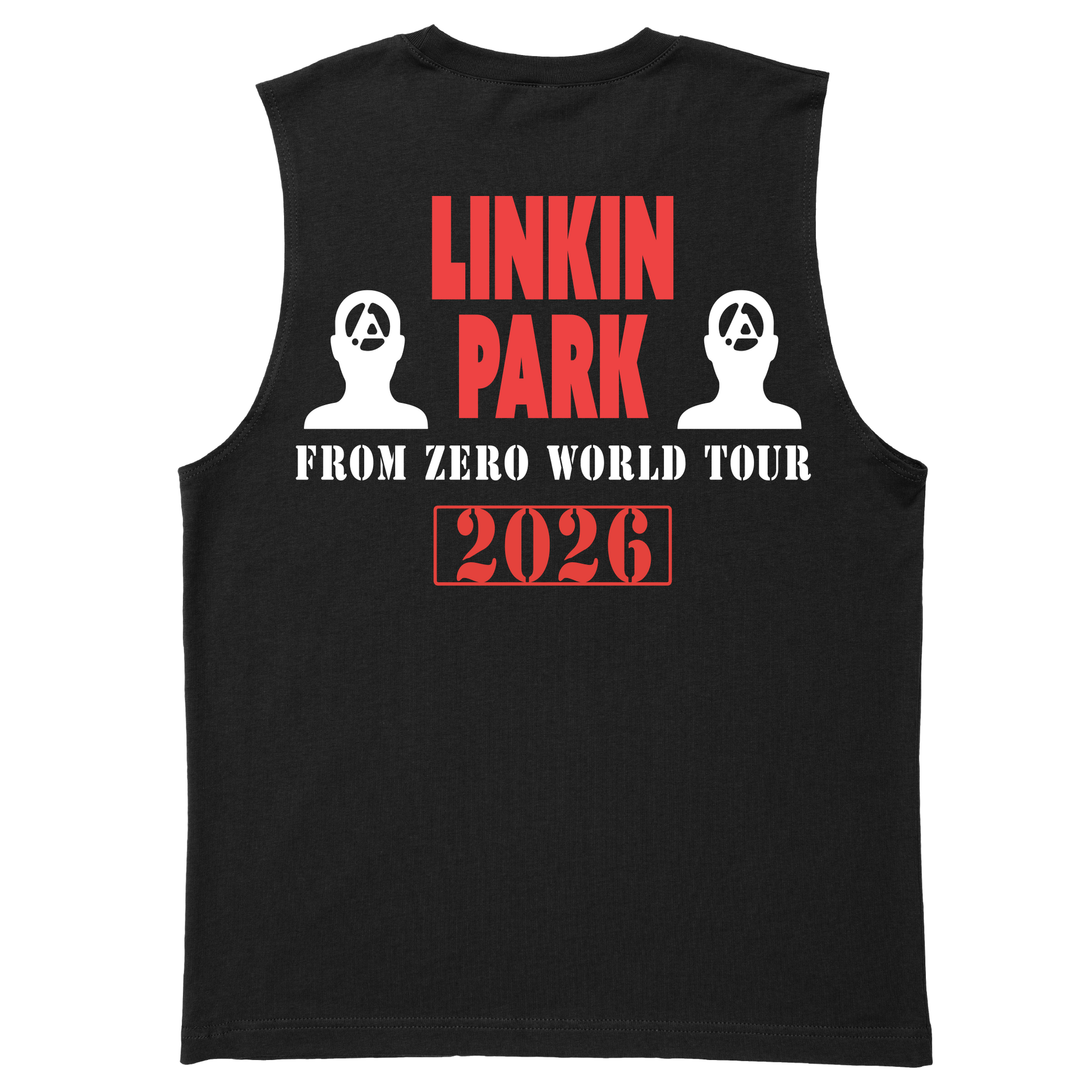 Black sleeveless shirt with Linkin Park promotional text and graphics