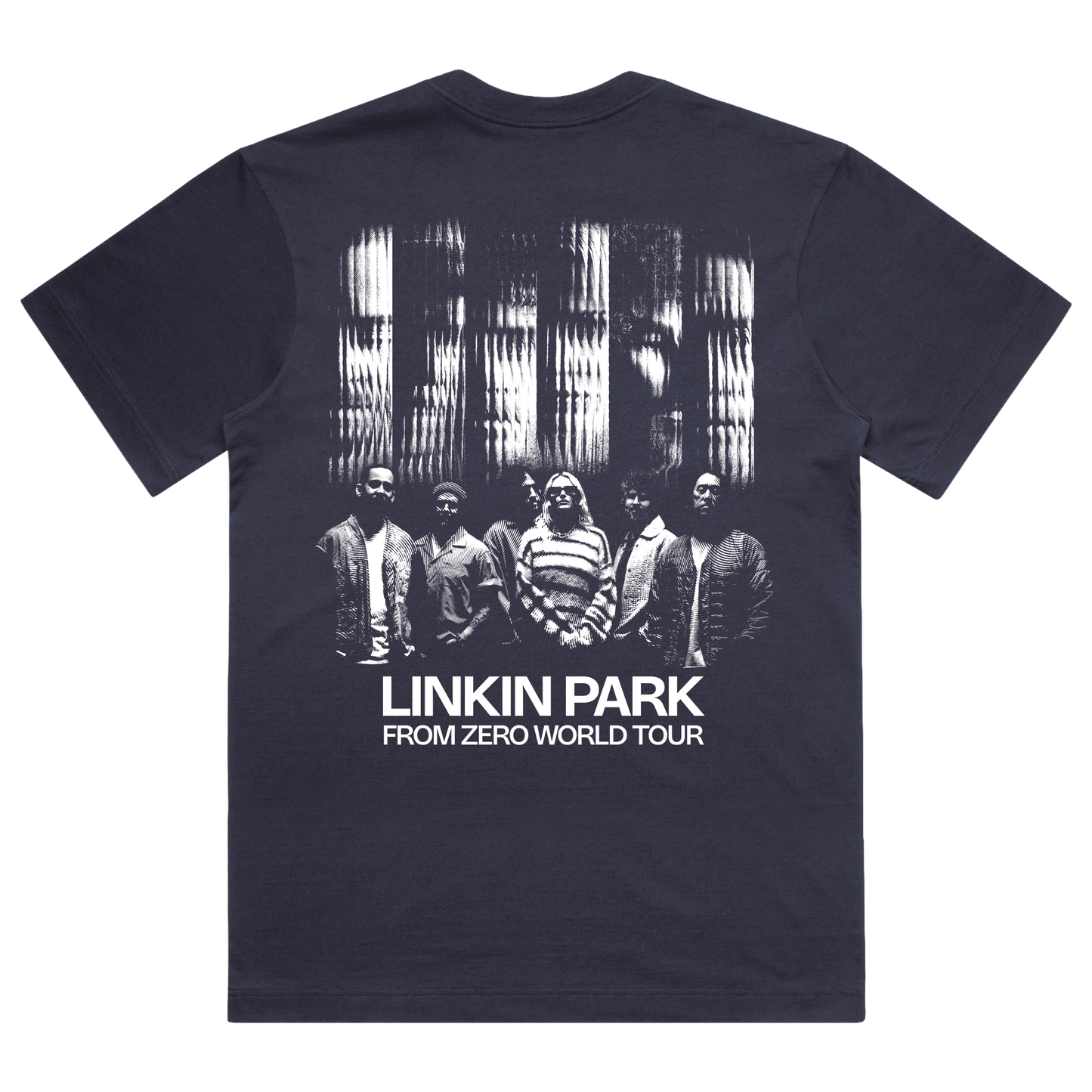 Navy t-shirt with Linkin Park band graphic and 'From Zero World Tour' text