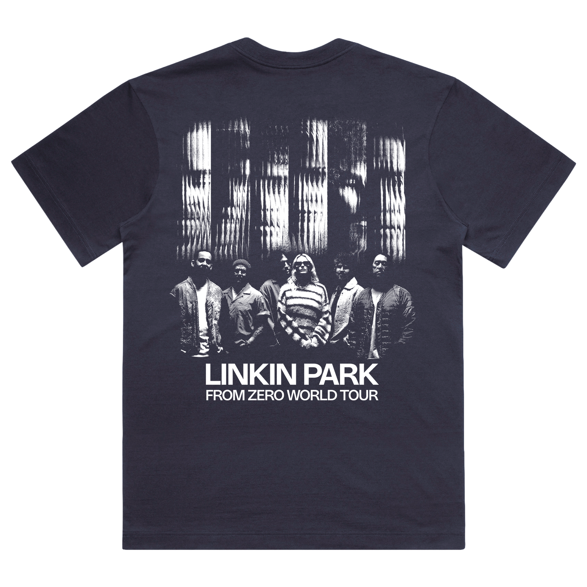 Navy t-shirt with Linkin Park band graphic and 'From Zero World Tour' text